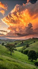 Sunset Over Rolling Hills with Dramatic Cloudscape — Golden Light and Pastoral Serenity