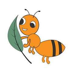 Cute orange cartoon ant character happily holding a green leaf in a playful illustration style