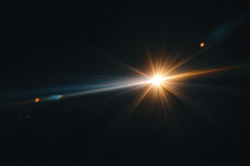 Bright starburst light with lens flare effect shining in dark space creating dramatic and radiant visual impact