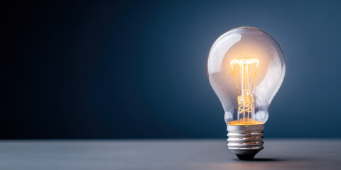 Light bulb glowing on surface with dark blue background, symbolizing idea and innovation in calm setting