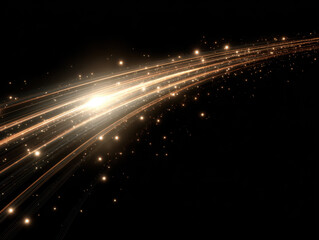 Bright golden light streaks with sparkling particles create dynamic and magical effect on dark background, evoking wonder and energy