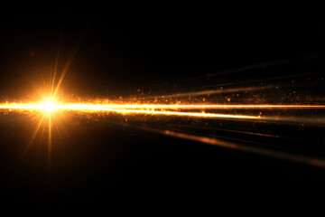 Golden light beam with glowing particles and sparkles on black background, creating bright and dynamic energy effect
