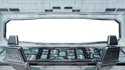 White futuristic spaceship cockpit with isolated cut out transparent window. Glossy starship interior with glowing lights. 3D rendering © sdecoret