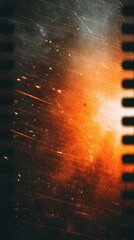 Abstract grunge texture with warm orange and dark tones creates dramatic and intense atmosphere with scratches and light streaks