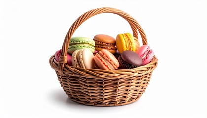 Wicker basket filled with colorful macarons on white background
