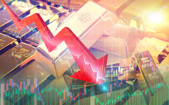 Gold price fall in financial markets. Gold price decline in statistics and market charts - Powered by Adobe
