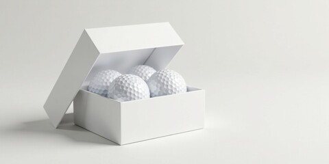 A pristine white box, its lid ajar, reveals a quartet of smooth, dimpled spheres nestled within, a minimalist arrangement of objects against a stark white background.