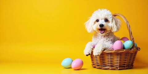 A fluffy white dog sits happily in a wicker basket filled with pastel-colored eggs against a vibrant yellow background, perfect for spring celebrations