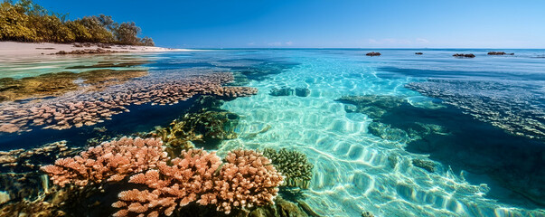 Fototapeta premium Stunning coral reef under clear turquoise water, showcasing natural beauty and biodiversity.