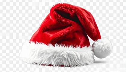 Traditional red and white Santa hat with plush trim and pom-pom—isolated on transparent background