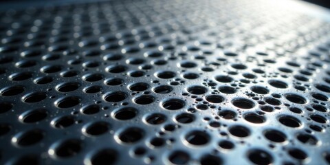 A Detailed Close-Up View of a Perforated Metallic Surface with Circular Holes Reflecting Light