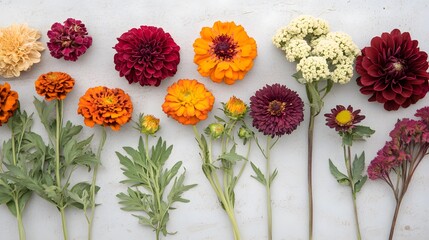 Obraz premium Elegant floral arrangement of vibrant dahlias and assorted flowers on white surface