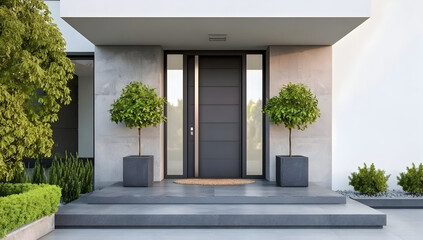 Modern entryway featuring sleek design and stylish greenery, enhancing curb appeal.