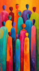 Colorful abstract painting of human figures with vibrant hues and textured brushstrokes creating lively and dynamic composition