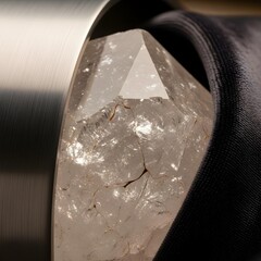 Elegant Fusion: A Macro Journey through Sparkling Quartz, Smooth Metal, and Soft Textile, Illuminated by Ambient Upscale Lighting and Refined Textures