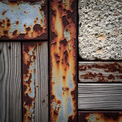 Modern Urban Texture Symphony: A Macro Journey Through Weathered Metal, Faded Wood, and Eroded Stone Under Subtle Soft Refined Light
