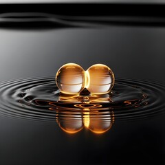 Glowing Droplets Dance: An Intricate Macro Composition Displaying Fluid Fusion and Gentle Light Reflections on a Minimal Reflective Surface Elegance