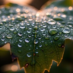 Macro Expanse: A Dew-Dropped Ancient Leaf Shimmers with Glistening, Subtle Sunrise Hues, Evoking Timeless Beauty and Exquisitely Delicate, Ethereal Elegance