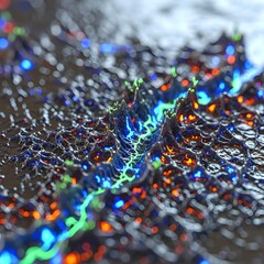 An Intricate Fusion of Shimmering Metallic Xenochromatrix and Organic Textures, Radiating Futuristic Luminescence, Depth, and Otherworldly Allure in Macro Detail