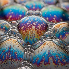 Capturing Nature's Ethereal Microcosm: A Mesmerizing Macro Display of Fluid Dance with Iridescent Abstract Bubbles Merging into Vibrant Light with Soft Reflections