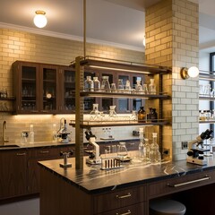 An Upscale Modern Laboratory Showcasing Elegant Gilded Bricks, Soft Warm Lighting, and a Rich, Refined Material Palette for Scientific Innovation