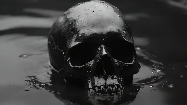 Eerie Human Skull Submerged in Dark Rippling Water.