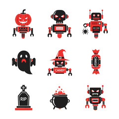 Halloween themed robot characters and spooky elements illustration.