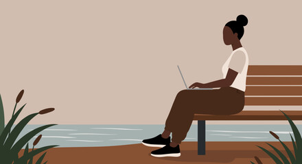 Young woman works on laptop outdoors on a bench by water Remote work freelance lifestyle