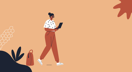 Digital nomad woman working with laptop symbolizing remote work online learning and modern lifestyle