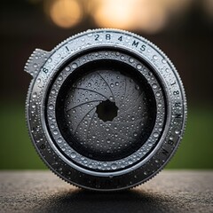 A Mesmerizing Macro Journey of Dew-Crowned Antique Aperture, Where Ambient Light and Smooth Reflections Embrace Timeless Elegance and Intricate Detail