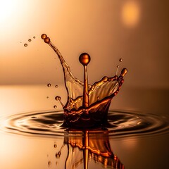 Elegant Dance of Fluid Droplets: A Macro Reflection of Delicate, Warm Liquid Orchestrations Embracing Dynamic Fluidity on a Reflective Surface.
