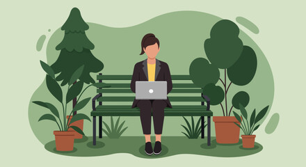 Businesswoman works remotely on laptop in a calm park setting Remote work flexibility lifestyle