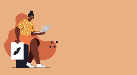 Stylish Black woman working on laptop holding shopping bag Modern lifestyle  digital work