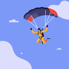 Excited skydiver descending with a parachute against a clear blue sky Adventure and freedom