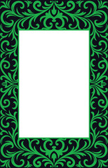 Elegant Green Floral Frame on Dark Background, Ornamental Green Frame with Swirls and Scrolls, page border, Greeting Card Border, page frame, Crest Frame, page corner design, tiles pattern.