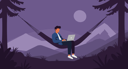 Man working on laptop in a hammock amidst a tranquil mountain landscape at dusk