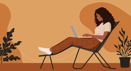 Relaxed woman working on laptop from a comfortable chair Remote work lifestyle productivity