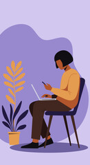 Focused person uses laptop and smartphone for remote work or online learning in a modern setting
