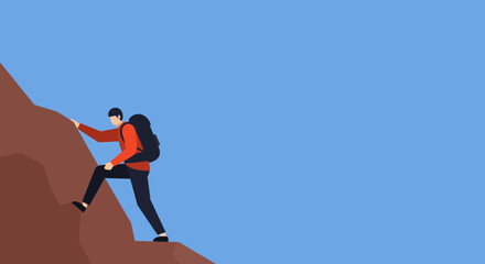 Man with backpack climbing mountain Concept of challenge success adventure progress travel