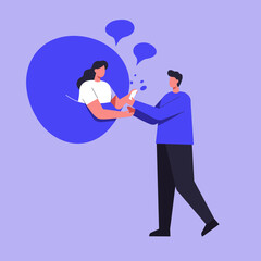 Man and woman virtually connect and communicate sharing information via smartphone