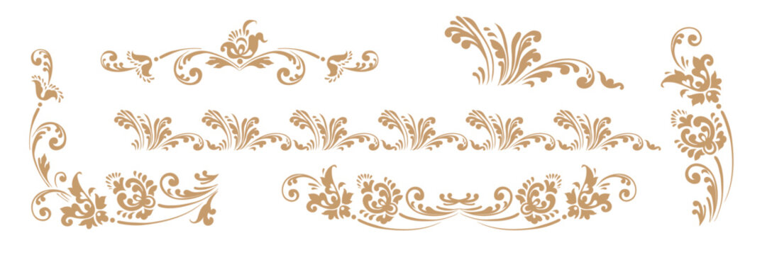 Vintage swirl-style ornament. Russian style, leaf pattern, elegant filigree ornament. Golden arabesque decorative elements. Vector Slavic traditional motif. Suitable for card, wedding, and invitation.