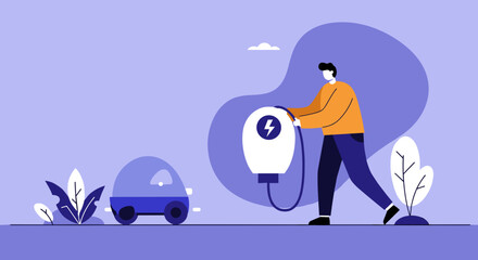 Man charging electric car at station symbolizing green energy sustainability and modern transport