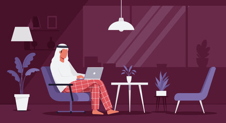 Arab man working from home on laptop in comfortable living room modern lifestyle concept