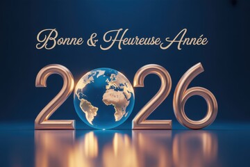 Happy new year 2026 greeting card with earth globe and elegant french text festive celebration