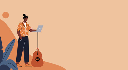 Creative woman working remotely on laptop with guitar Freelance digital nomad lifestyle