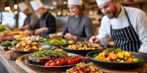Obraz premium Chefs preparing restaurant dishes in professional kitchen
