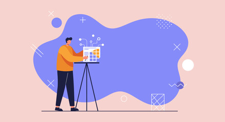 Man analyzing data on a digital board symbolizing project management and business planning