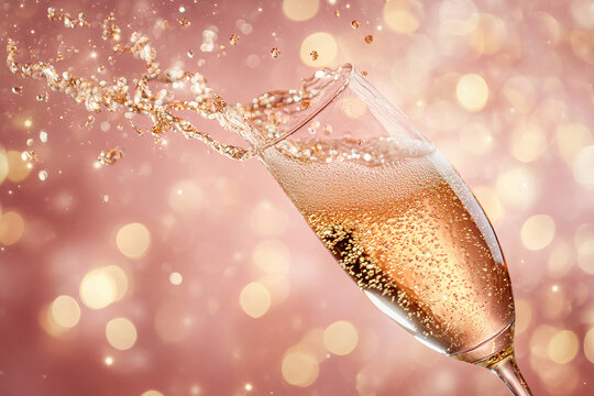 Glass of champagne on a pink background.