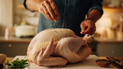 Man seasoning whole raw turkey, preparing holiday meal in kitchen, adding salt and pepper to poultry skin for thanksgiving dinner cooking tradition