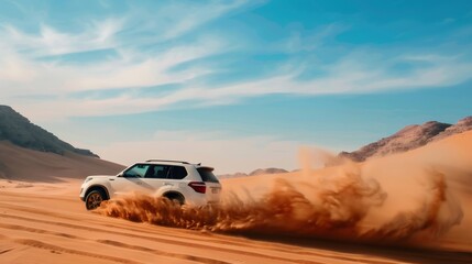 Obraz premium White suv driving through desert sand dunes, kicking up dust